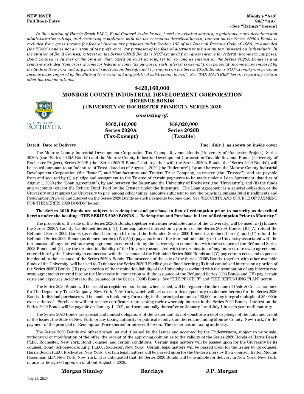 UNIVERSITY of ROCHESTER PROJECT), SERIES 2020 Consisting Of: $362,140,000 $58,020,000 Series 2020A Series 2020B (Tax-Exempt) (Taxable)