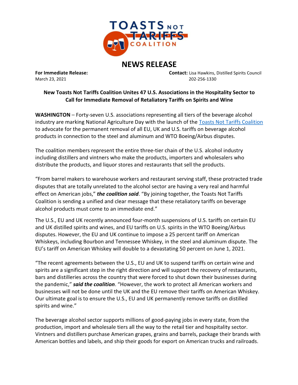 NEWS RELEASE for Immediate Release: Contact: Lisa Hawkins, Distilled Spirits Council March 23, 2021 202-256-1330