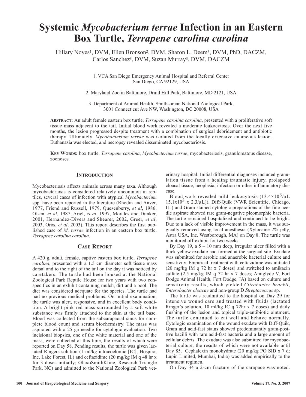 Systemic Mycobacterium Terrae Infection in an Eastern Box Turtle, Terrapene Carolina Carolina