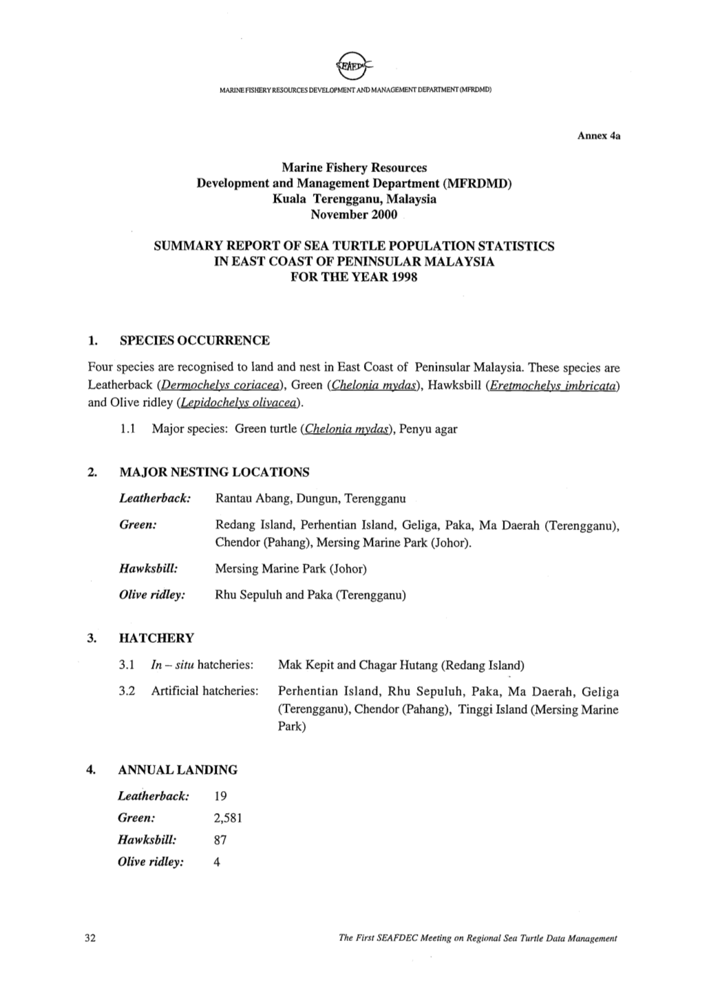 Report of the First SEAFDEC Meeting on Regional Sea Turtle Data