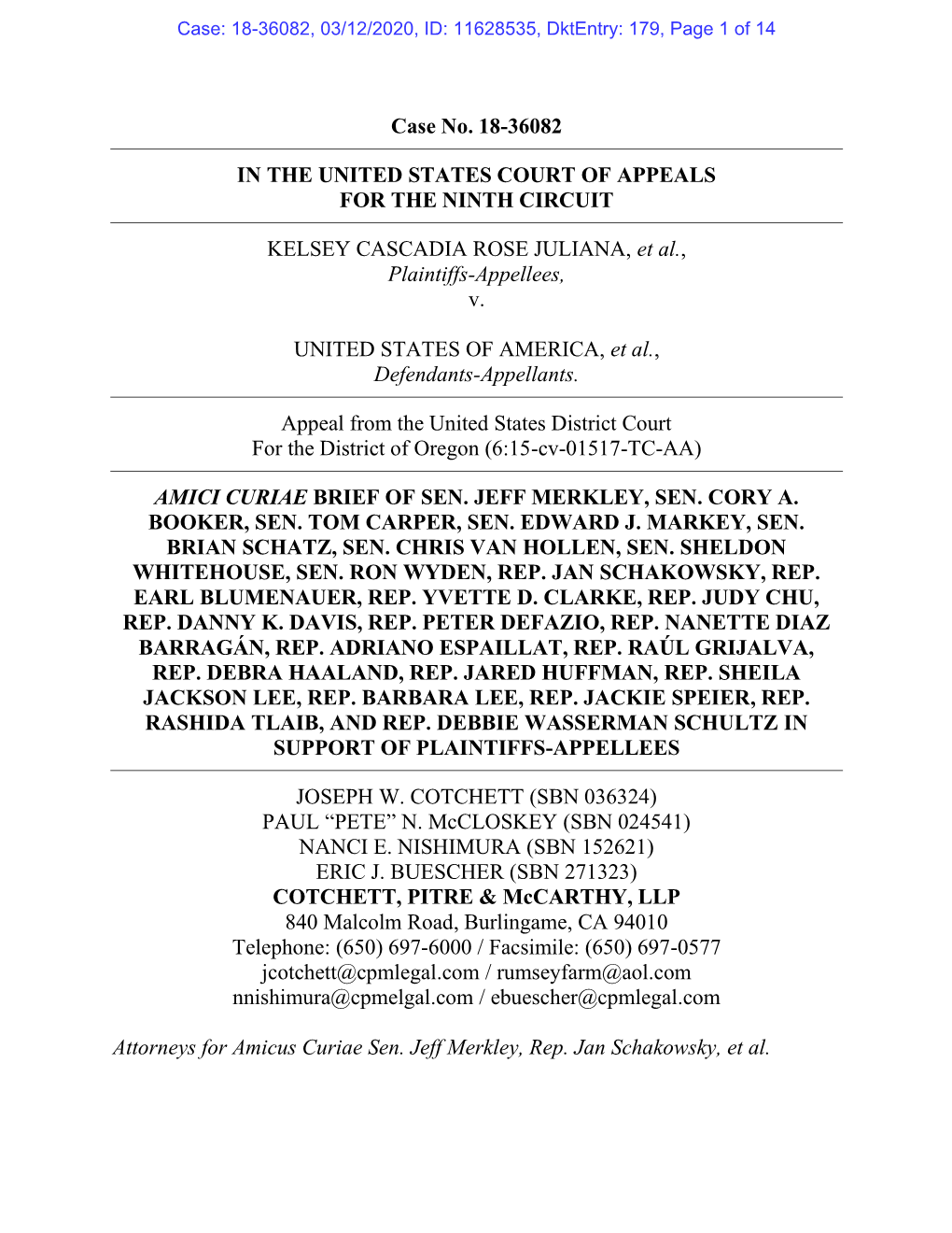 Case No. 18-36082 in the UNITED STATES COURT of APPEALS for the NINTH CIRCUIT KELSEY CASCADIA ROSE JULIANA, Et Al., Plaintiffs