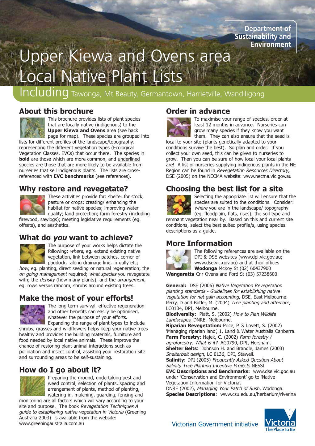 Upper Kiewa and Ovens Area Local Native Plant Lists Including Tawonga, Mt Beauty, Germantown, Harrietville, Wandiligong