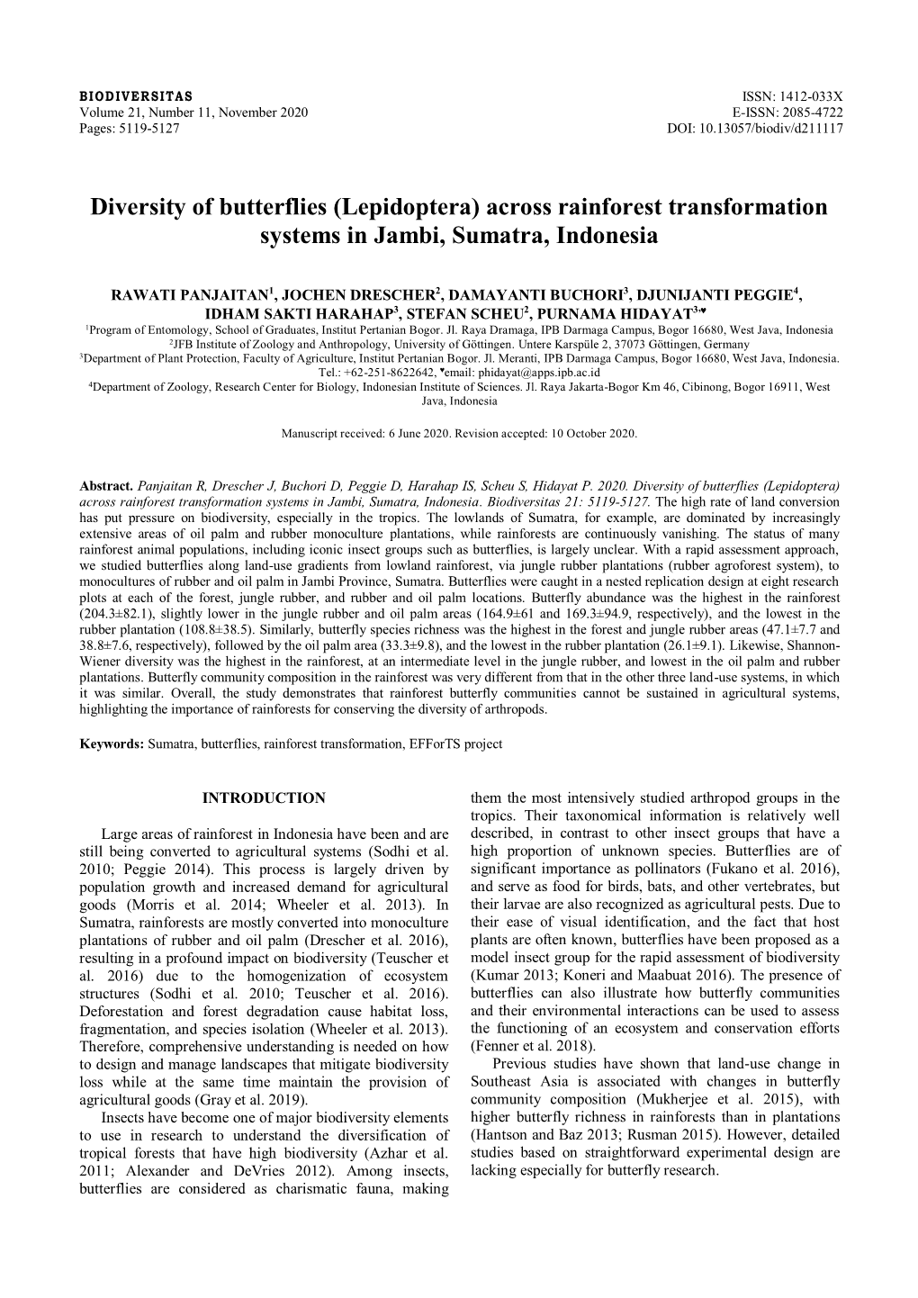 Lepidoptera) Across Rainforest Transformation Systems in Jambi, Sumatra, Indonesia