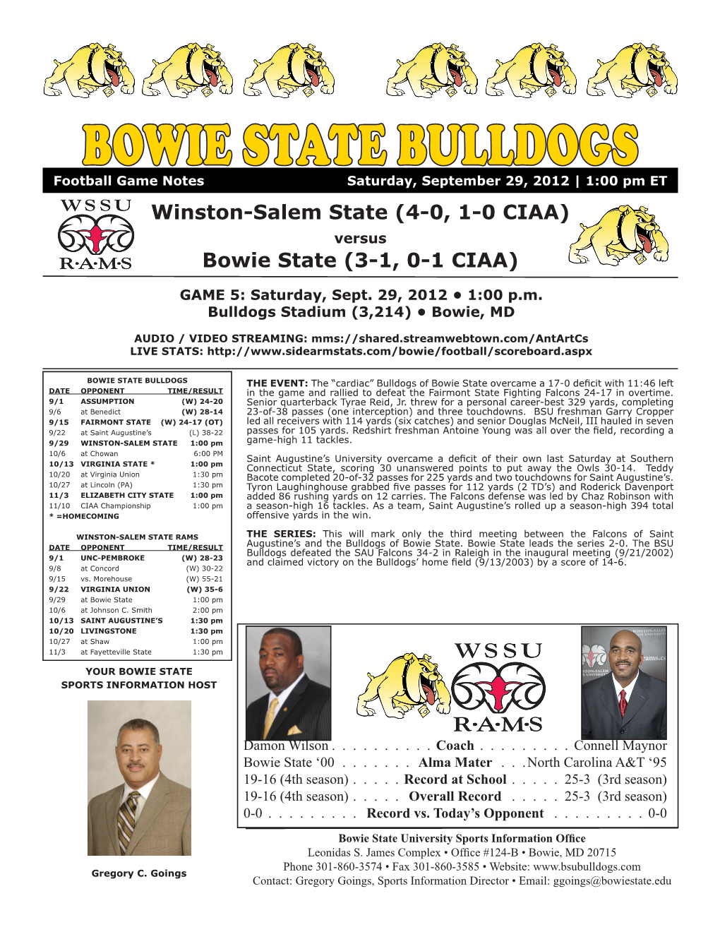 BOWIE STATE BULLDOGS Football Game Notes Saturday, September 29, 2012 | 1:00 Pm ET Winston-Salem State (4-0, 1-0 CIAA) Versus Bowie State (3-1, 0-1 CIAA)