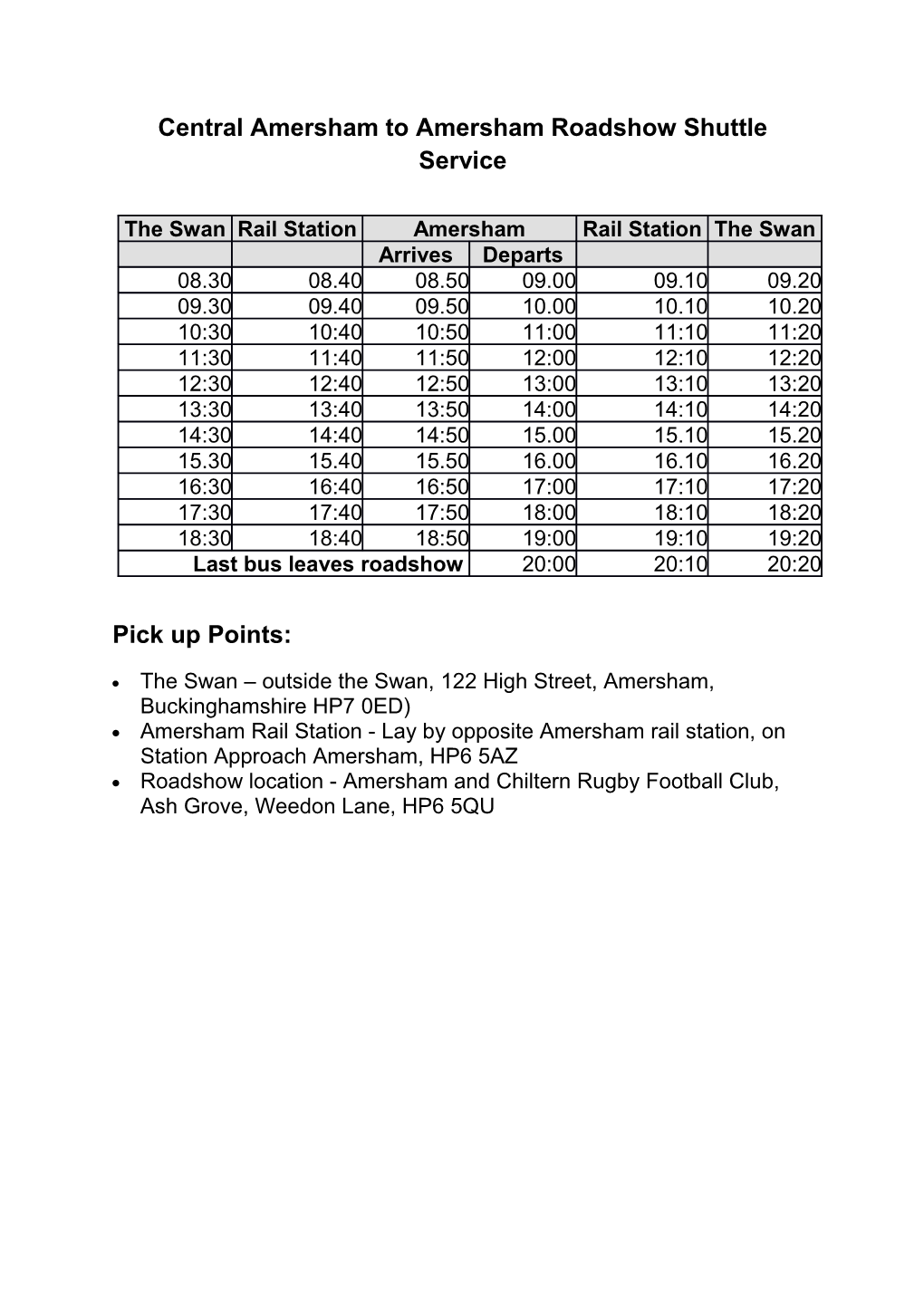 Central Amersham to Amersham Roadshow Shuttle Service