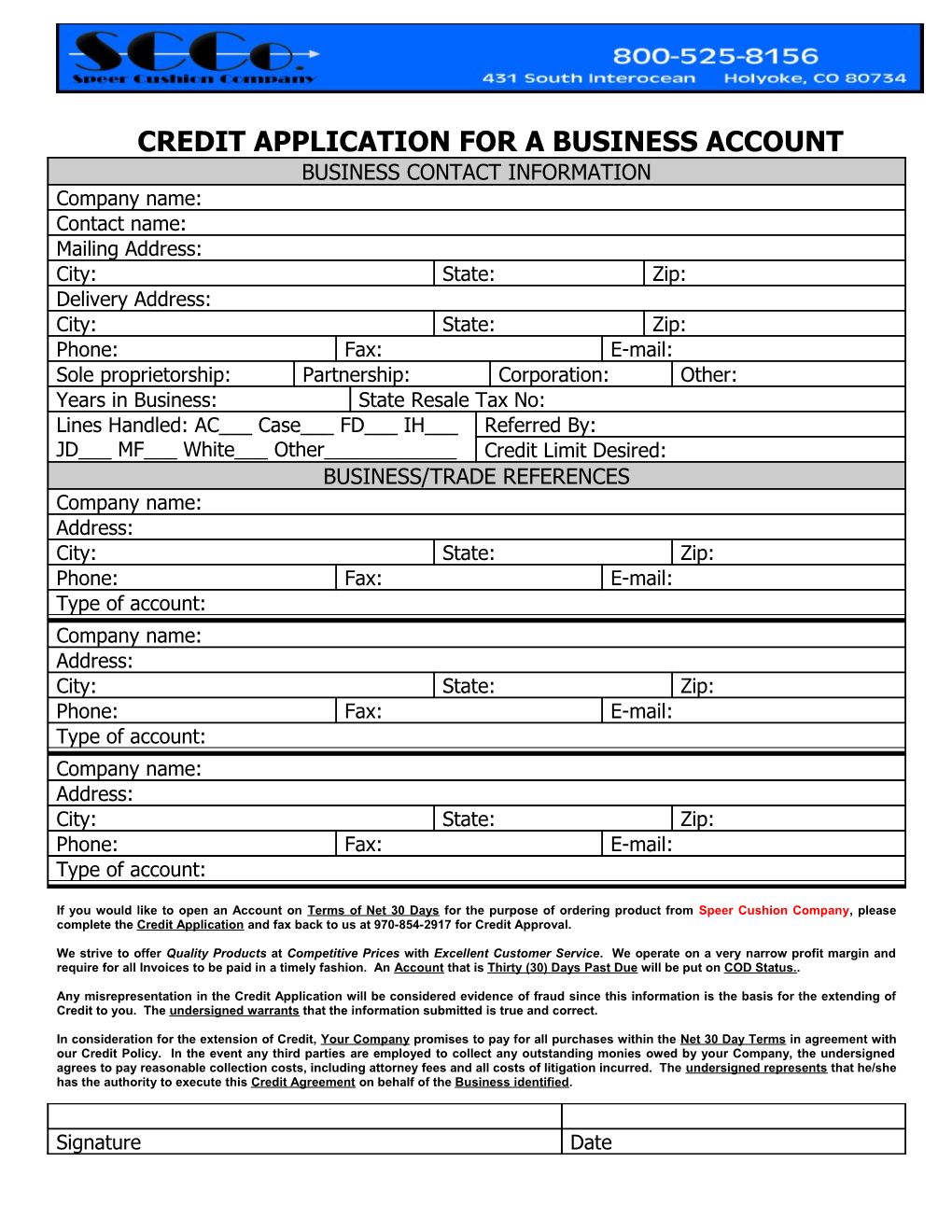 Credit Application for a Business Account