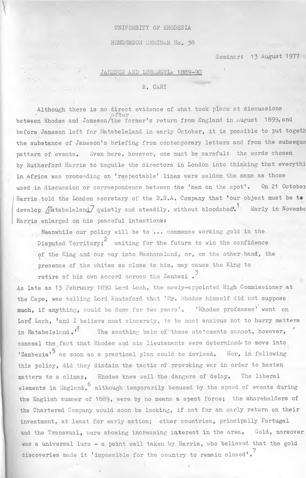 38 Seminars 13 August 1977 JAMESON and Lobangula 1889