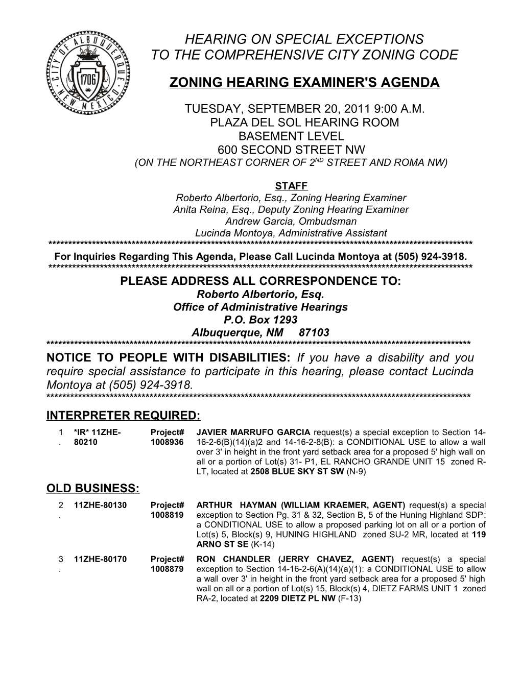 Zoning Hearing Examiner's Agenda