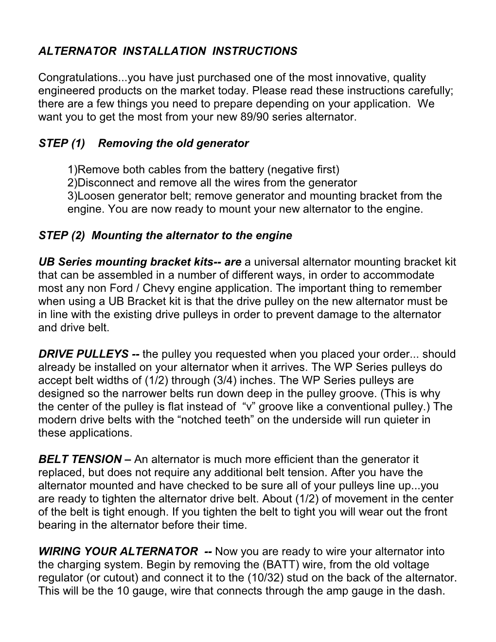 Alternator Installation Instructions