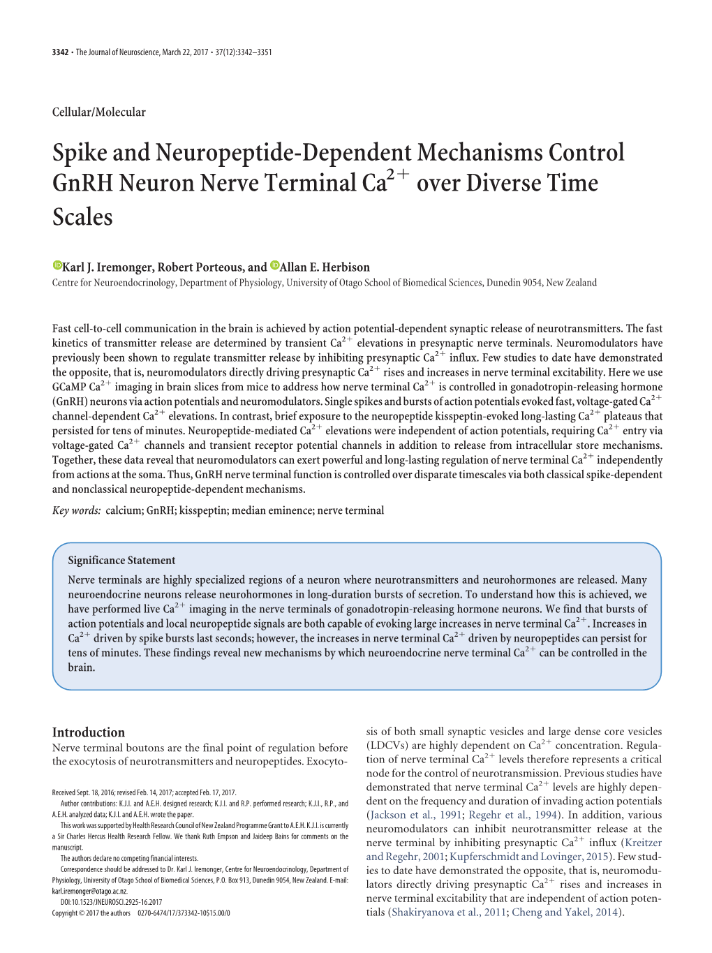 Spike and Neuropeptide-Dependent Mechanisms Control Gnrh Neuron Nerve Terminal Ca2ϩ Over Diverse Time Scales