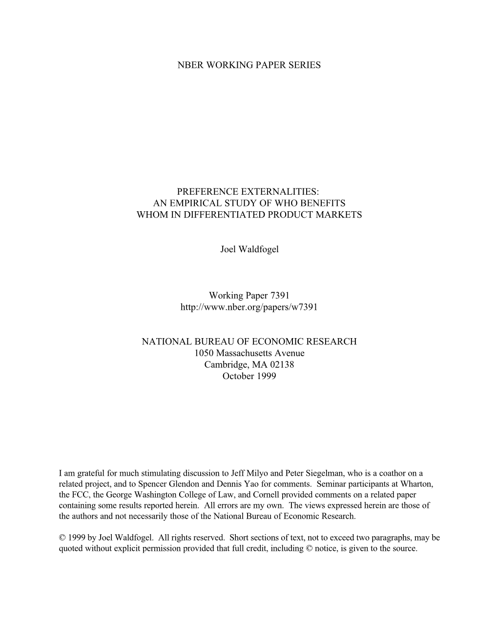 Nber Working Paper Series Preference Externalities