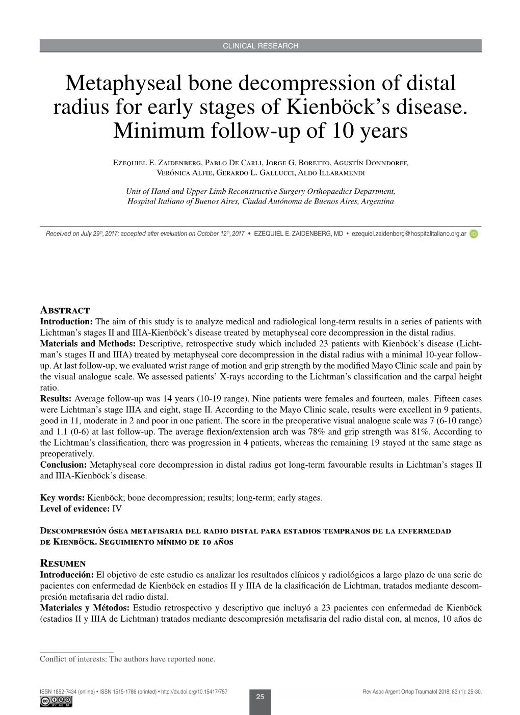 Metaphyseal Bone Decompression of Distal Radius for Early Stages of Kienböck’S Disease