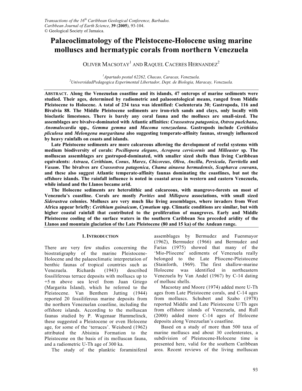 Palaeoclimatology of the Pleistocene-Holocene Using Marine Molluscs and Hermatypic Corals from Northern Venezuela