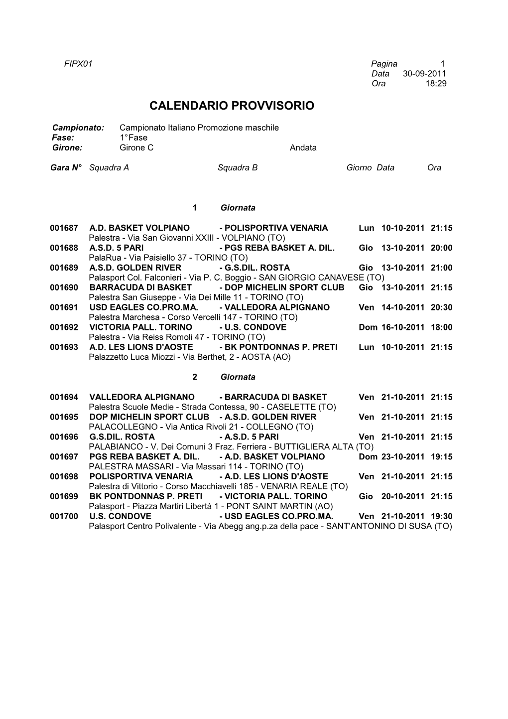 Calendario Provvisorio