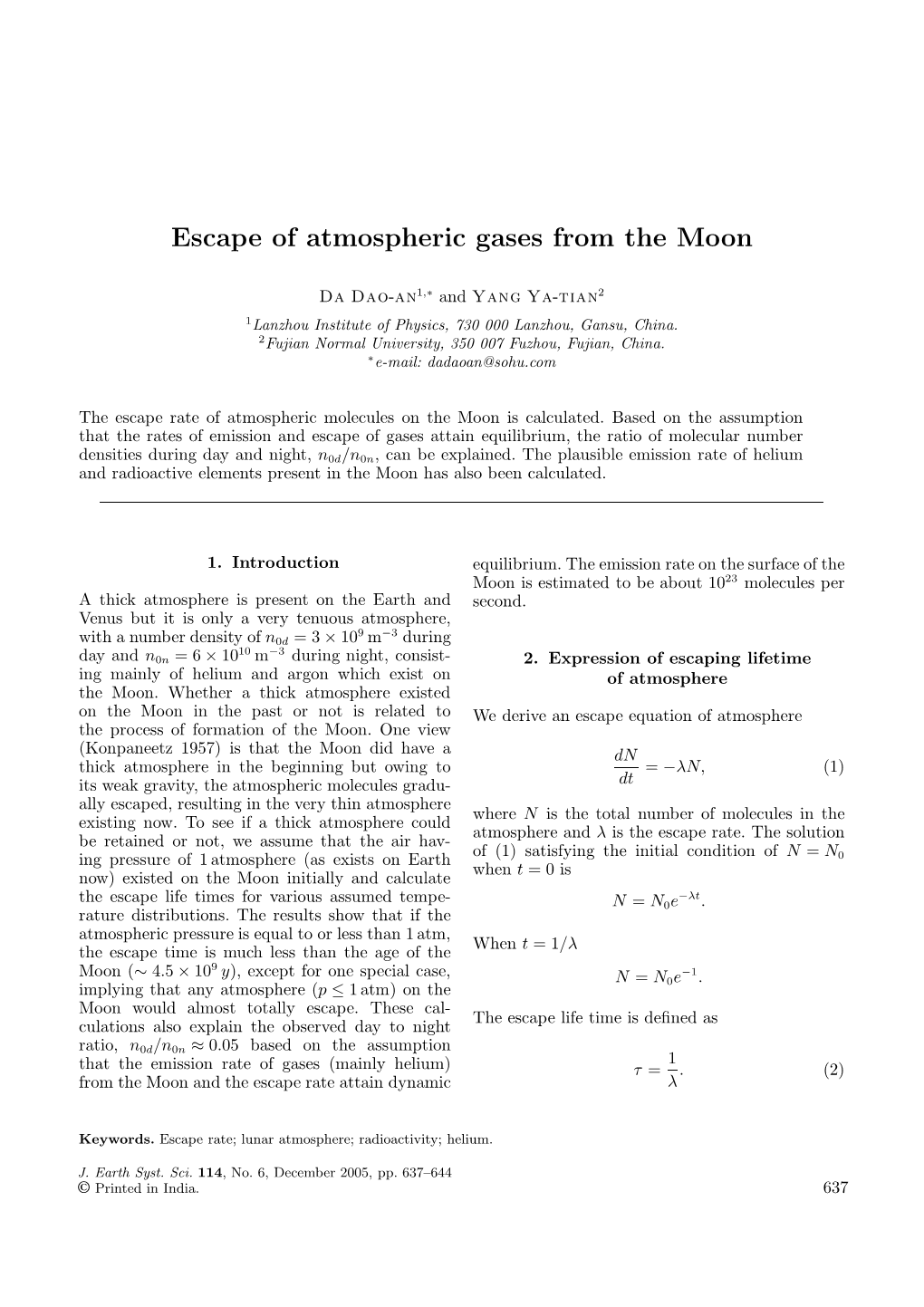 Escape of Atmospheric Gases from the Moon