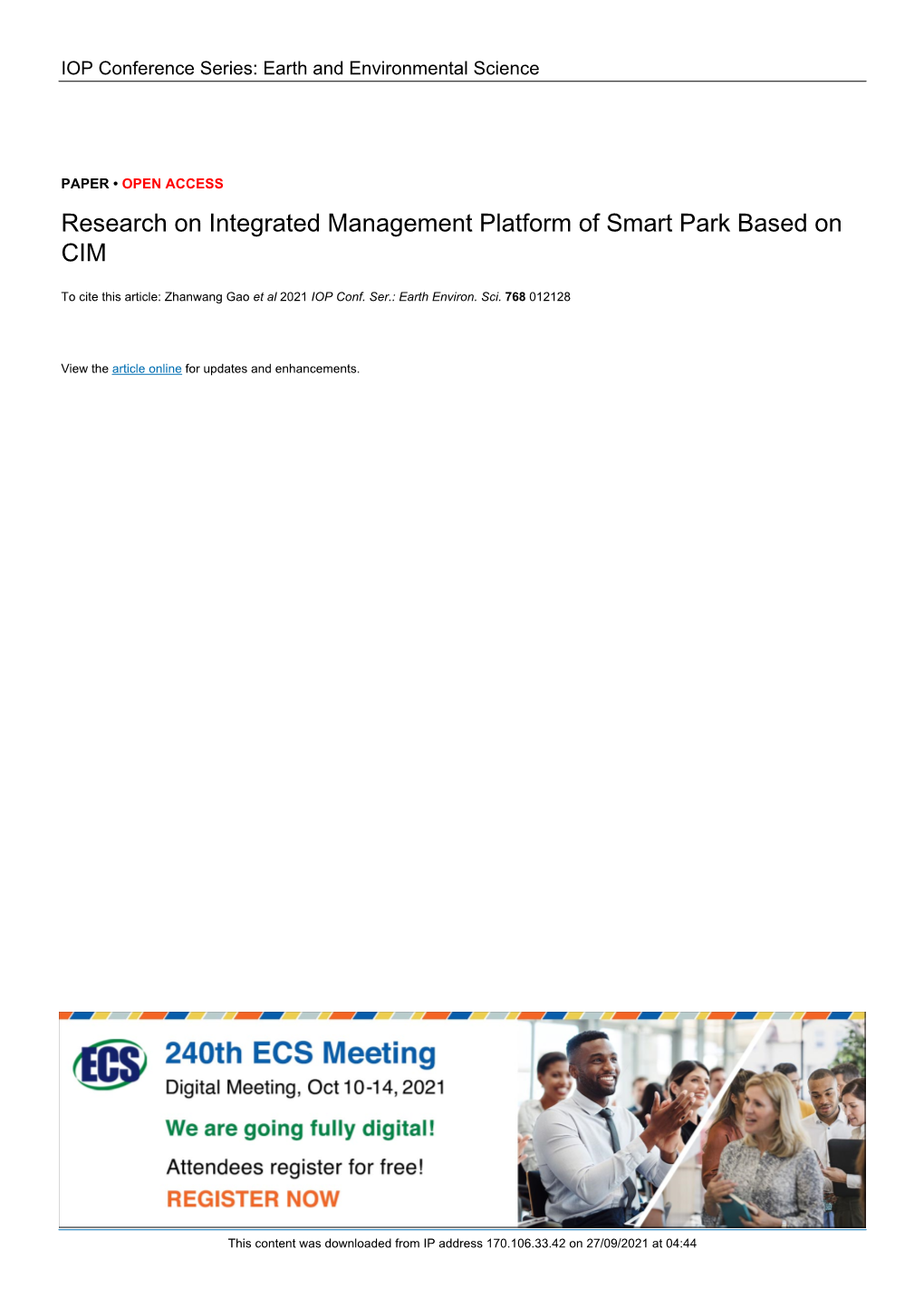 Research on Integrated Management Platform of Smart Park Based on CIM