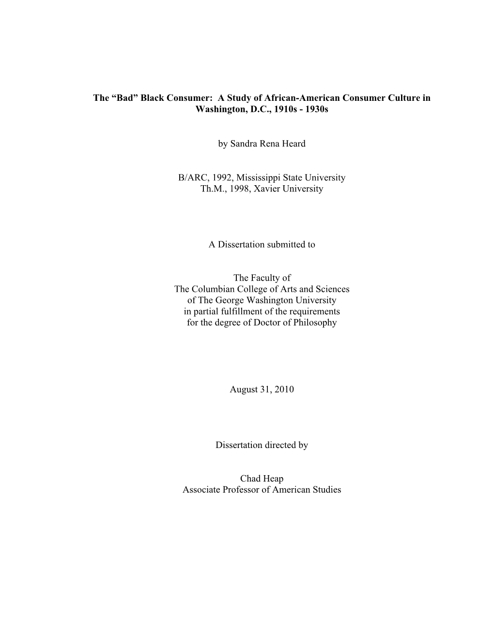 Black Consumer: a Study of African-American Consumer Culture in Washington, D.C., 1910S - 1930S