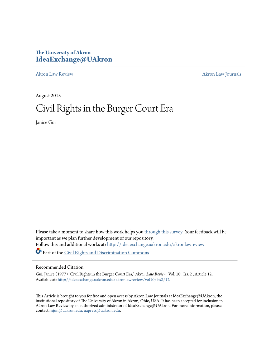Civil Rights in the Burger Court Era Janice Gui