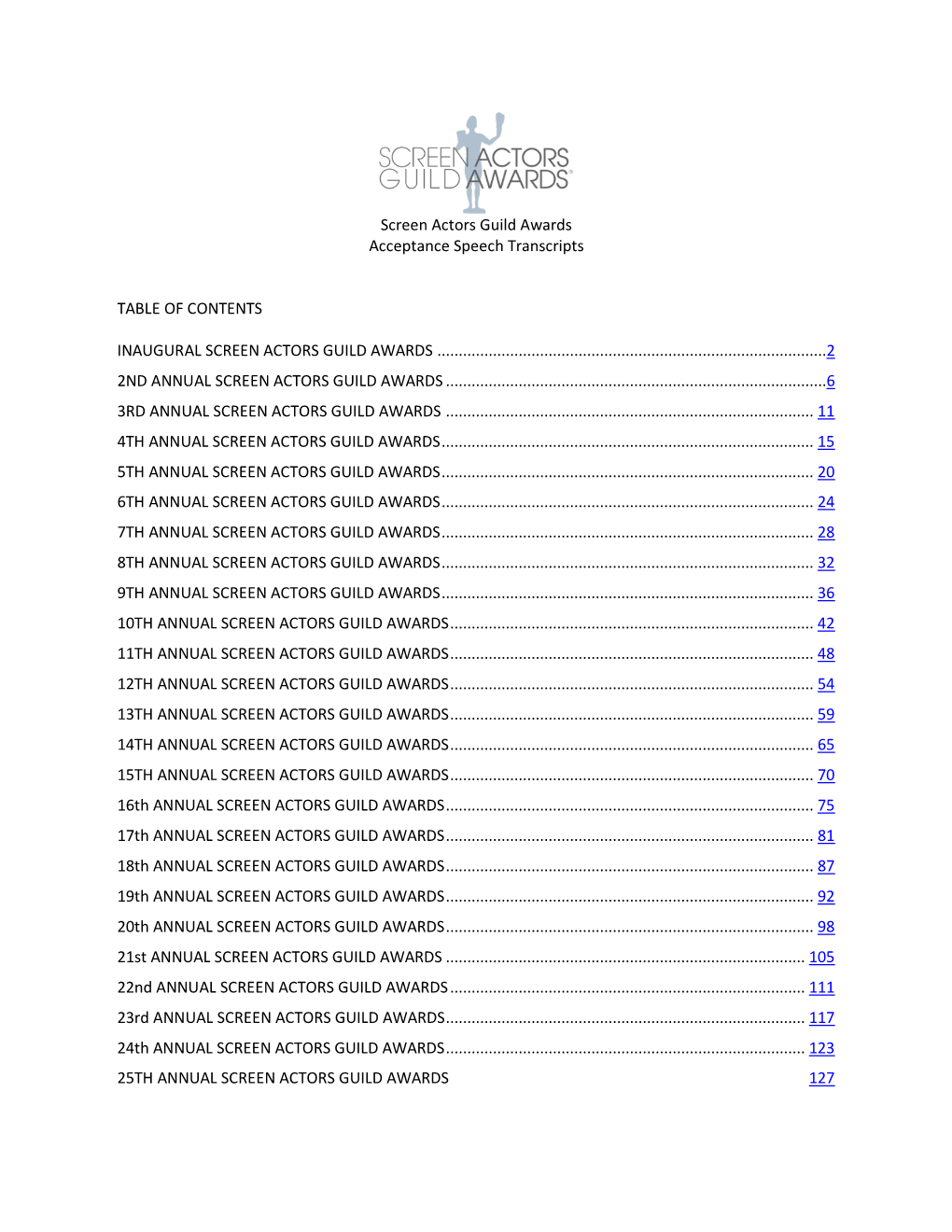 Screen Actors Guild Awards Acceptance Speech Transcripts TABLE of CONTENTS INAUGURAL SCREEN ACTORS GUILD AWARDS