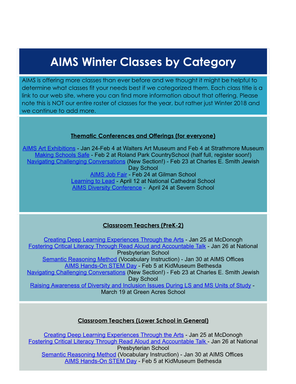 AIMS Winter Classes by Category