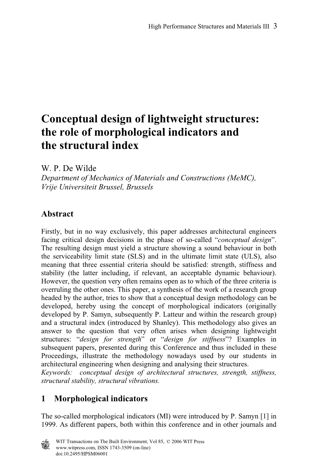 Conceptual Design of Lightweight Structures: the Role of Morphological Indicators and the Structural Index