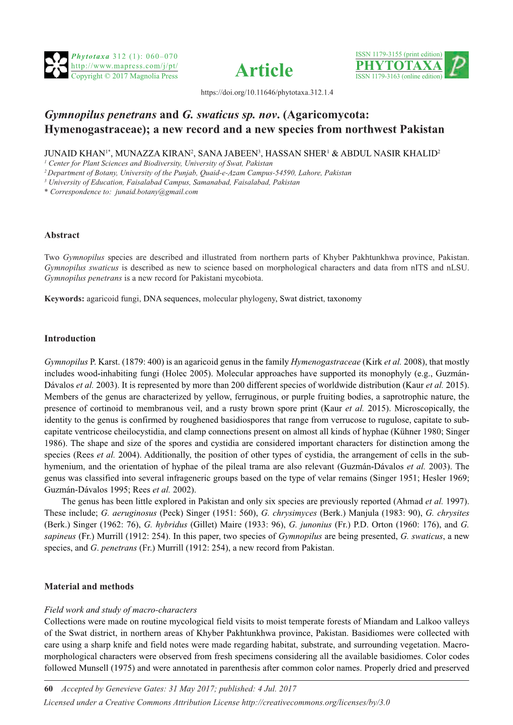 Gymnopilus Penetrans and G. Swaticus Sp. Nov. (Agaricomycota: Hymenogastraceae); a New Record and a New Species from Northwest Pakistan