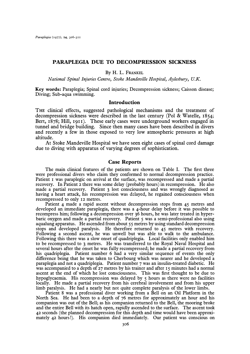 Paraplegia Due to Decompression Sickness