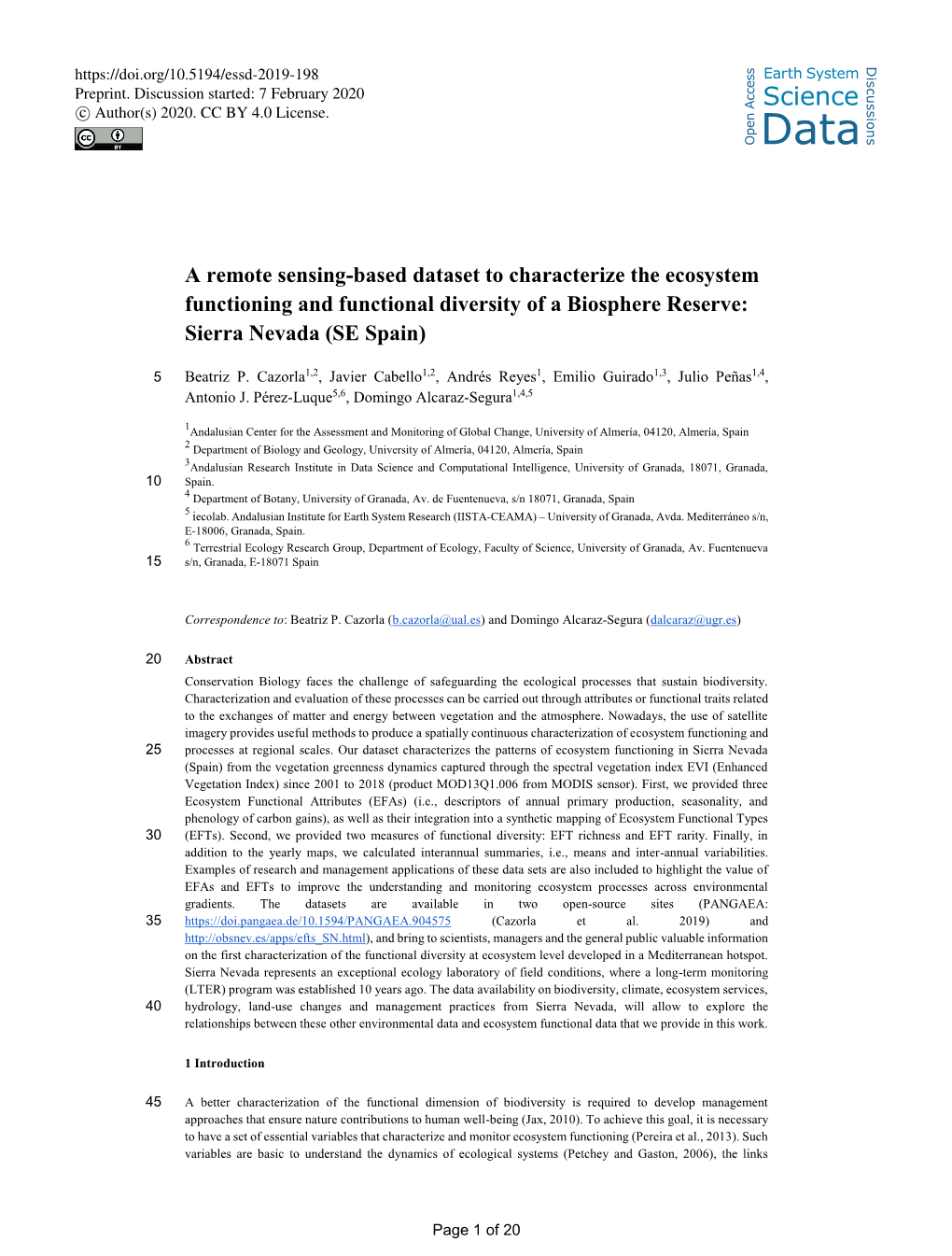 A Remote Sensing-Based Dataset to Characterize the Ecosystem Functioning and Functional Diversity of a Biosphere Reserve: Sierra Nevada (SE Spain)