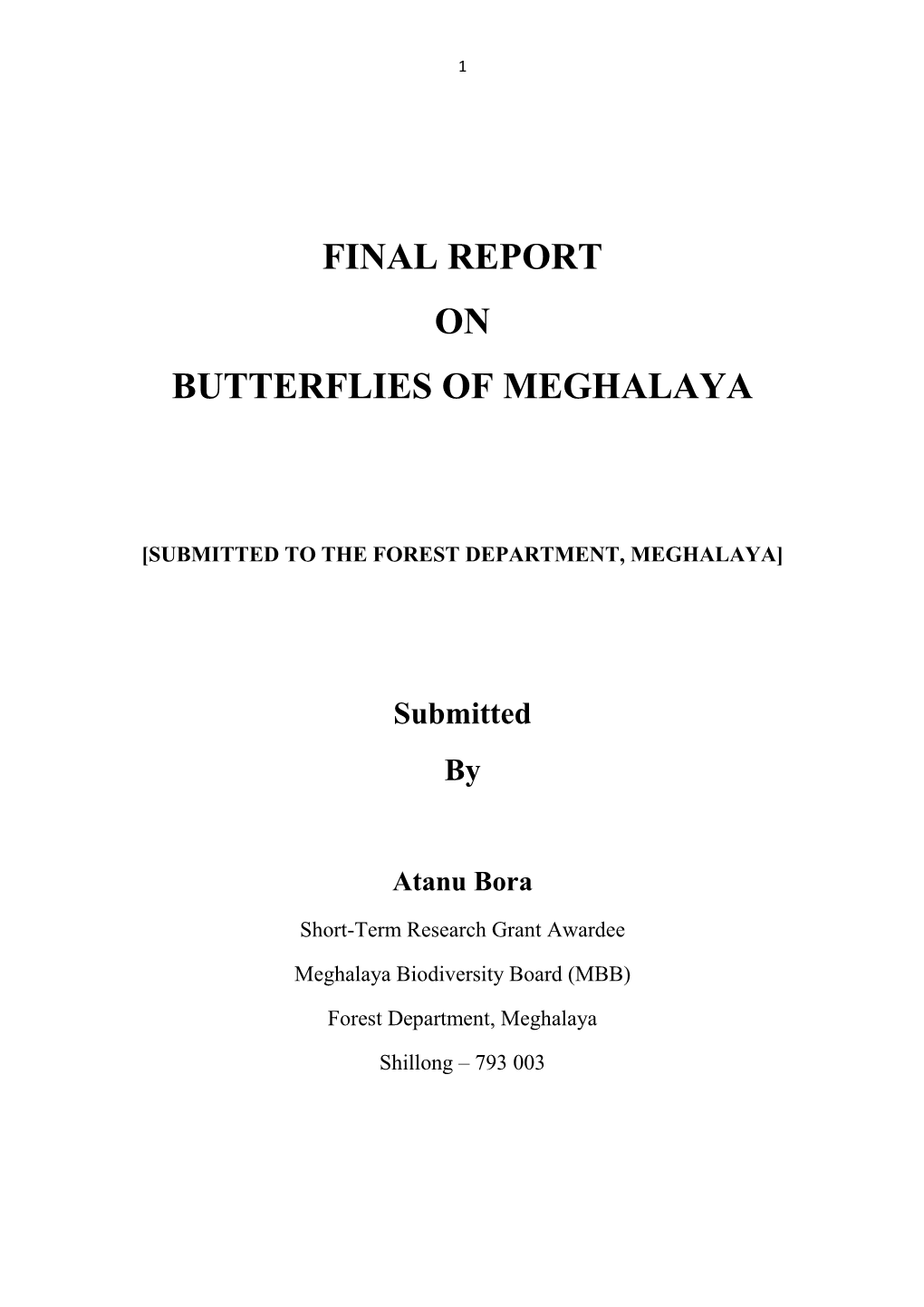 Final Report on Butterflies of Meghalaya