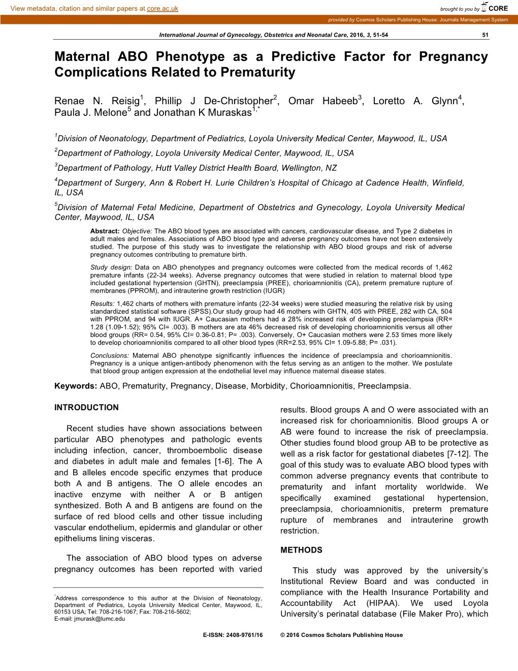 Maternal ABO Phenotype As a Predictive Factor for Pregnancy Complications Related to Prematurity