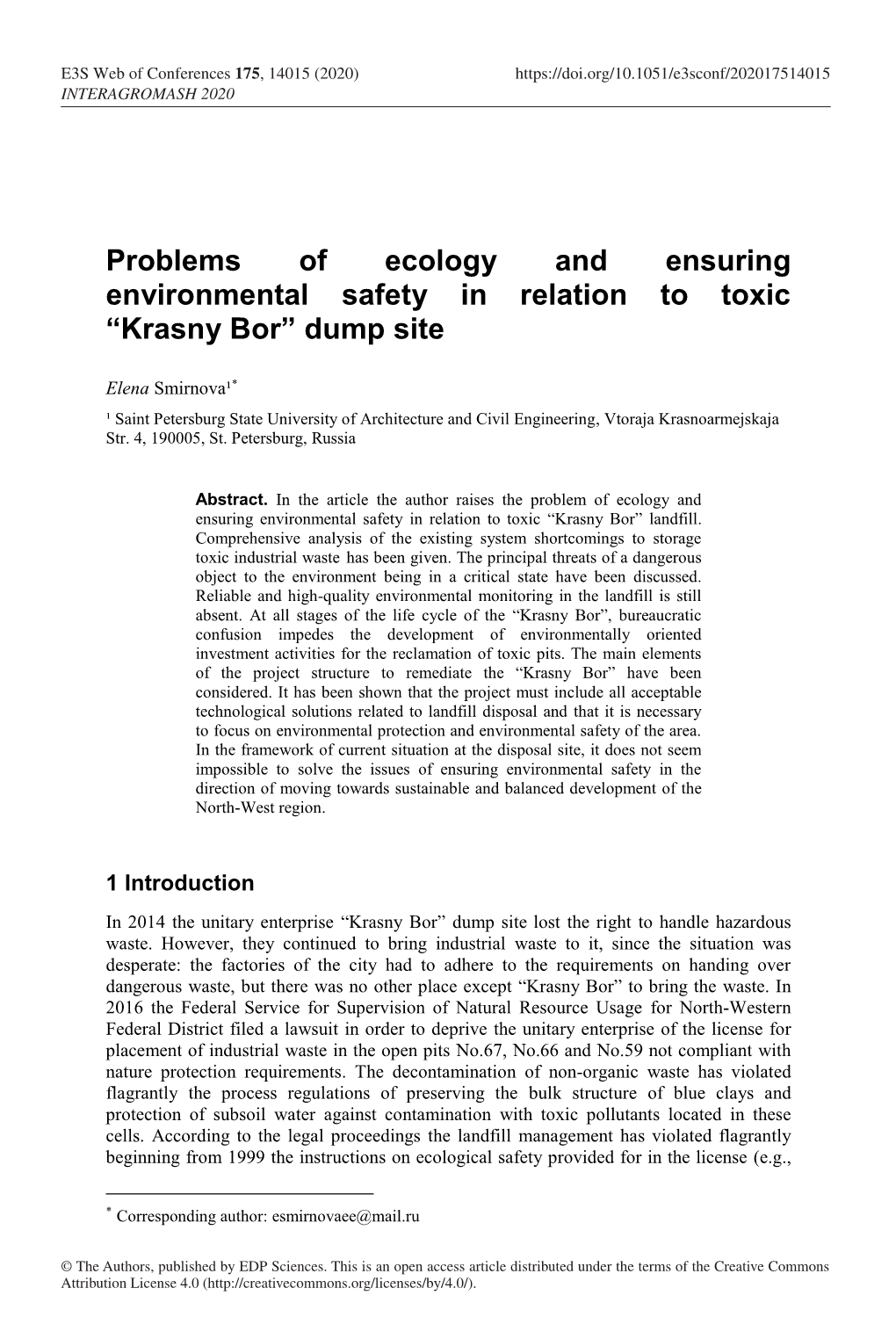 Problems of Ecology and Ensuring Environmental Safety in Relation to Toxic “Krasny Bor” Dump Site