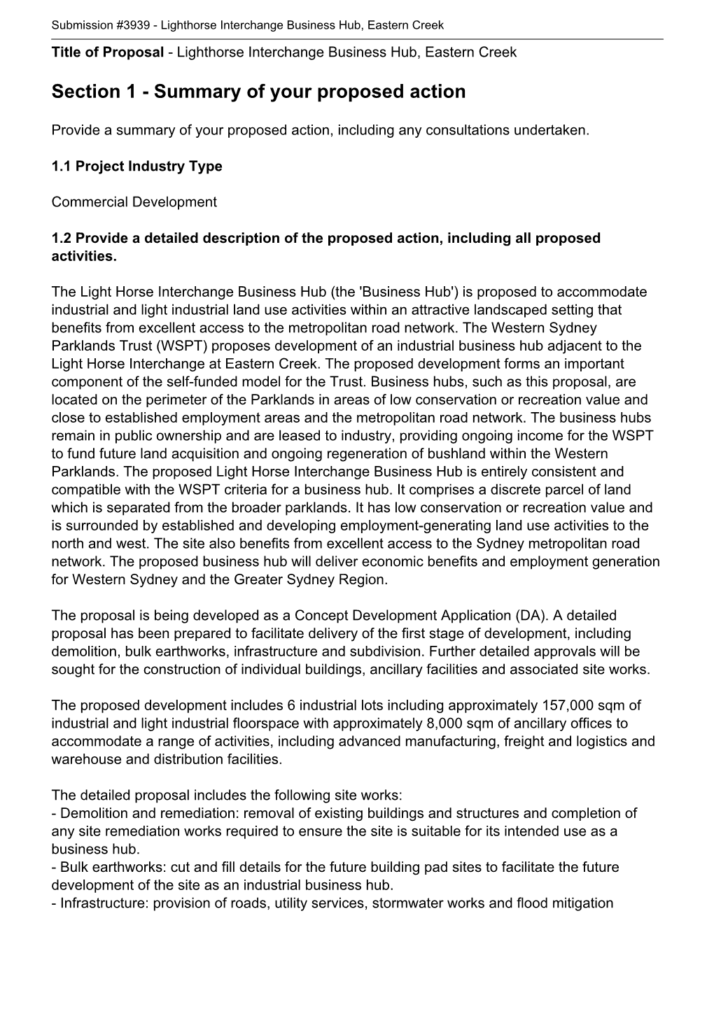 EPBC Act Referral No: 2012/6617 Submission #3939 - Lighthorse Interchange Business Hub, Eastern Creek