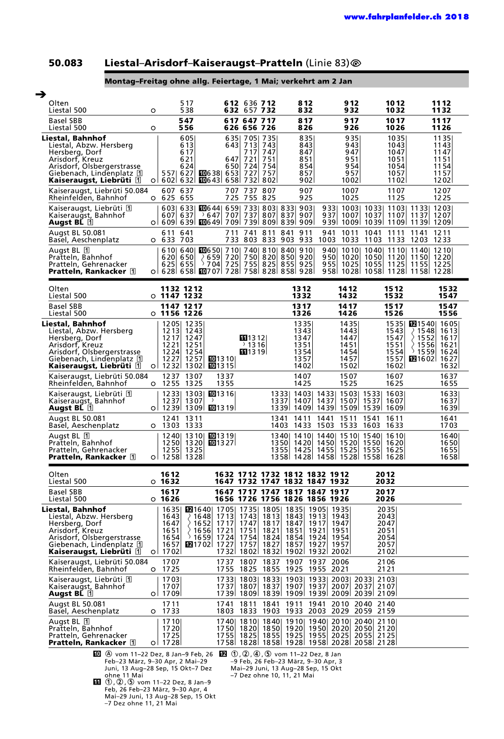 50.083 Liestal–Arisdorf–Kaiseraugst–Pratteln (Linie 83)Ы М