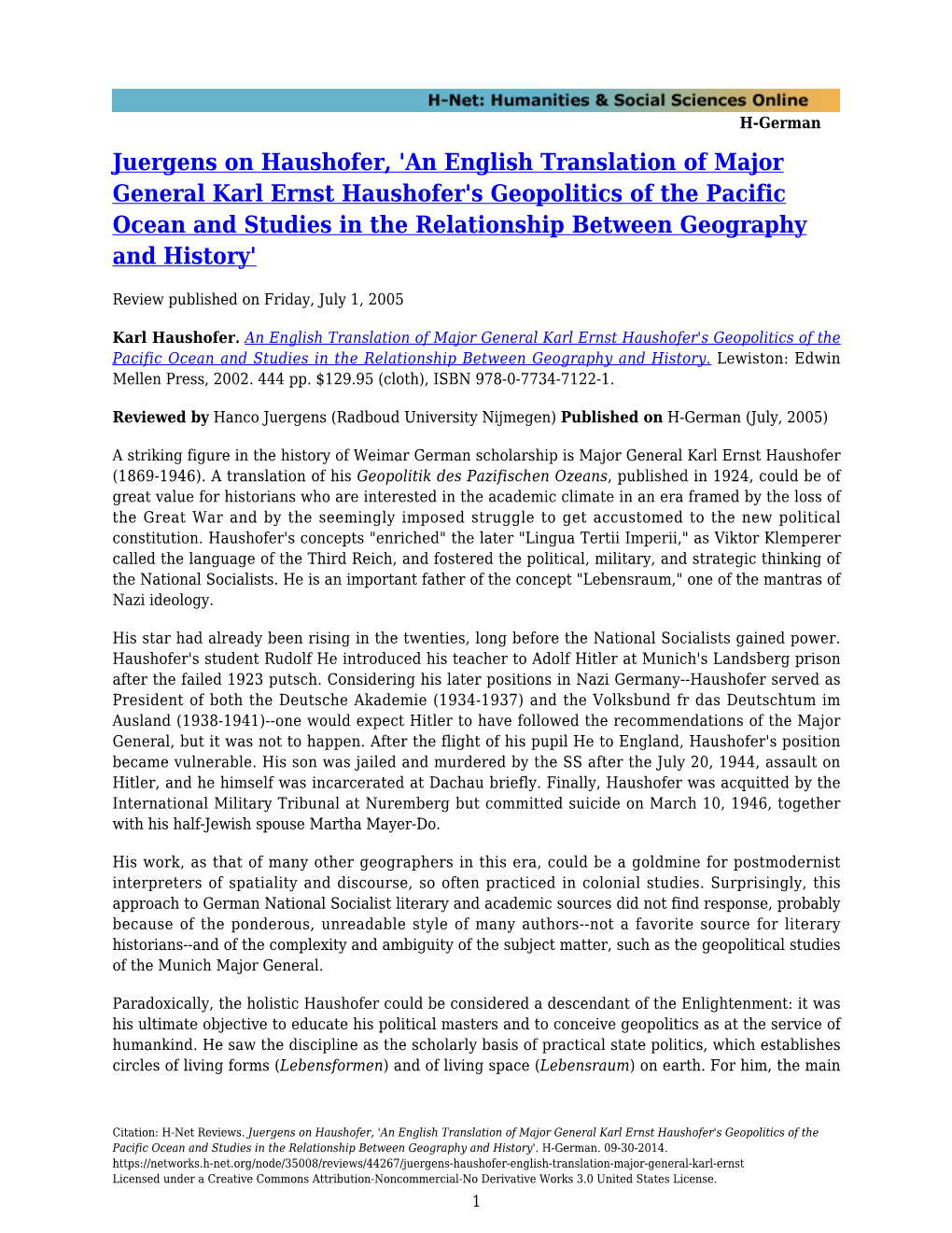 'An English Translation of Major General Karl Ernst Haushofer's Geopolitics of the Pacific Ocean and Studies in the Relationship Between Geography and History'