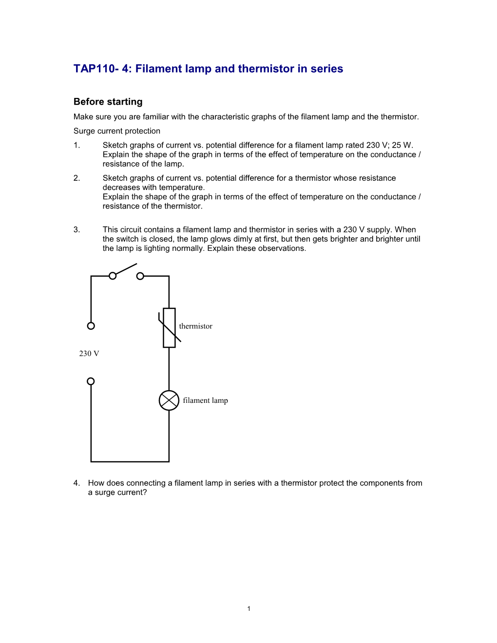 TAP110- 4: Filament Lamp and Thermistor in Series