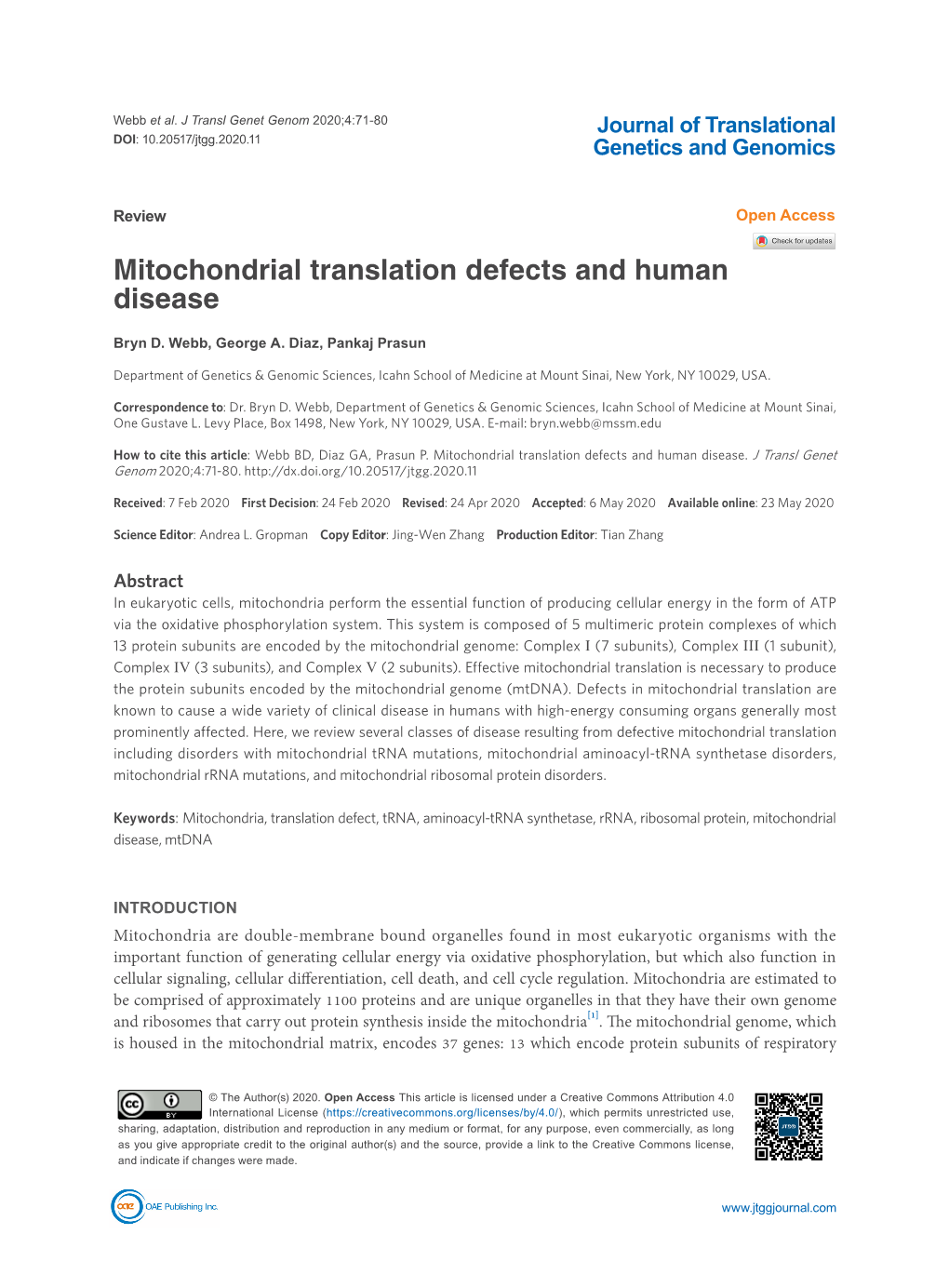 Mitochondrial Translation Defects and Human Disease