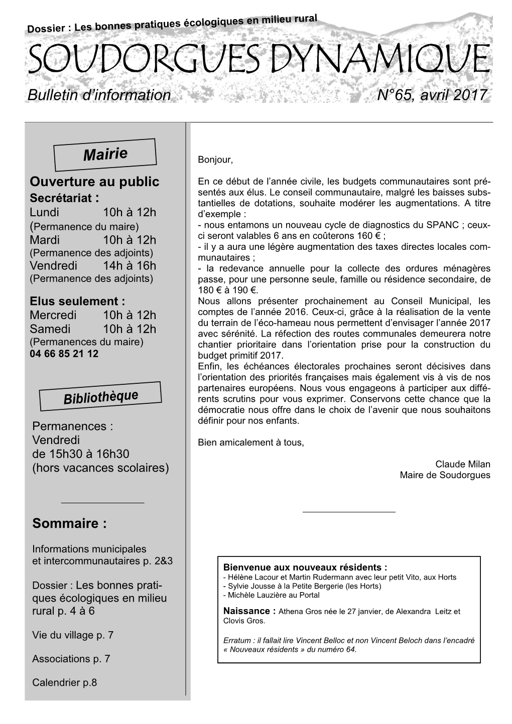 SOUDORGUES DYNAMIQUE Bulletin D’Information N°65, Avril 2017