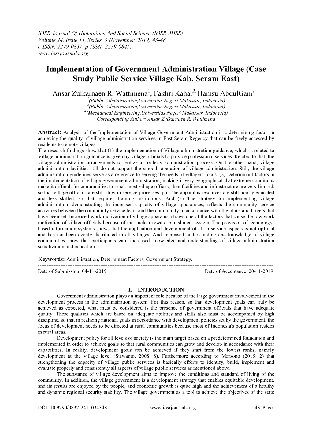 Implementation of Government Administration Village (Case Study Public Service Village Kab