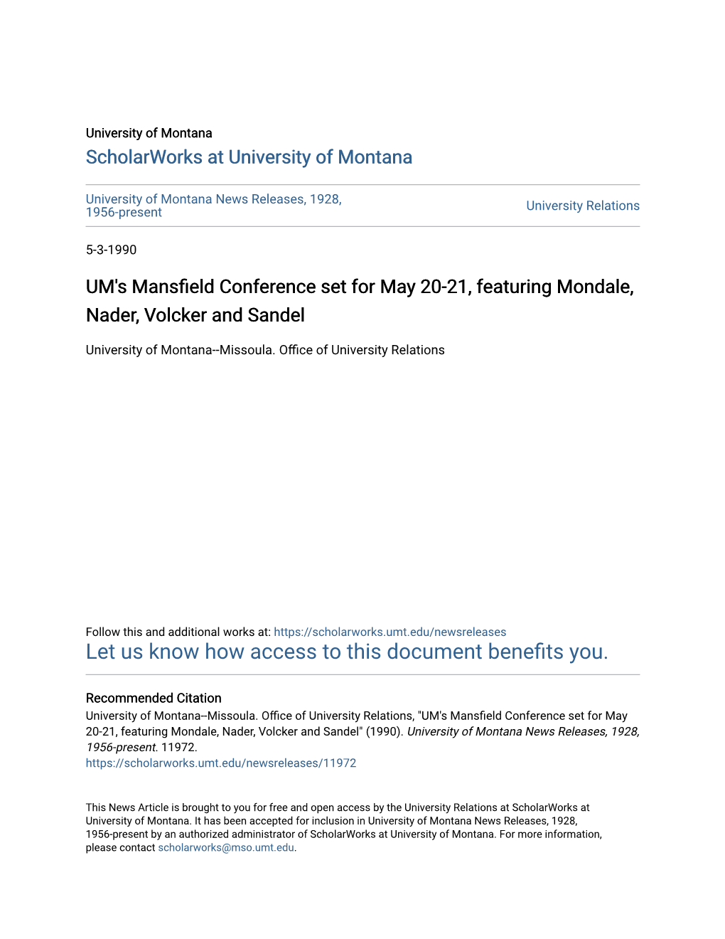 UM's Mansfield Conference Set for May 20-21, Featuring Mondale, Nader, Volcker and Sandel