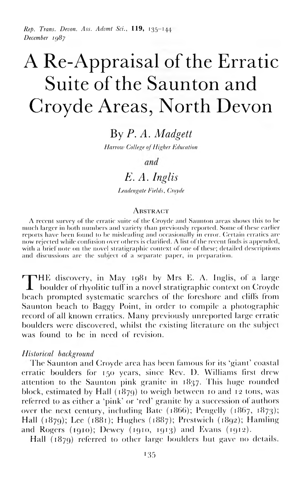 A Re-Appraisal of the Erratic Suite of the Saunton and Croyde Areas, North Devon