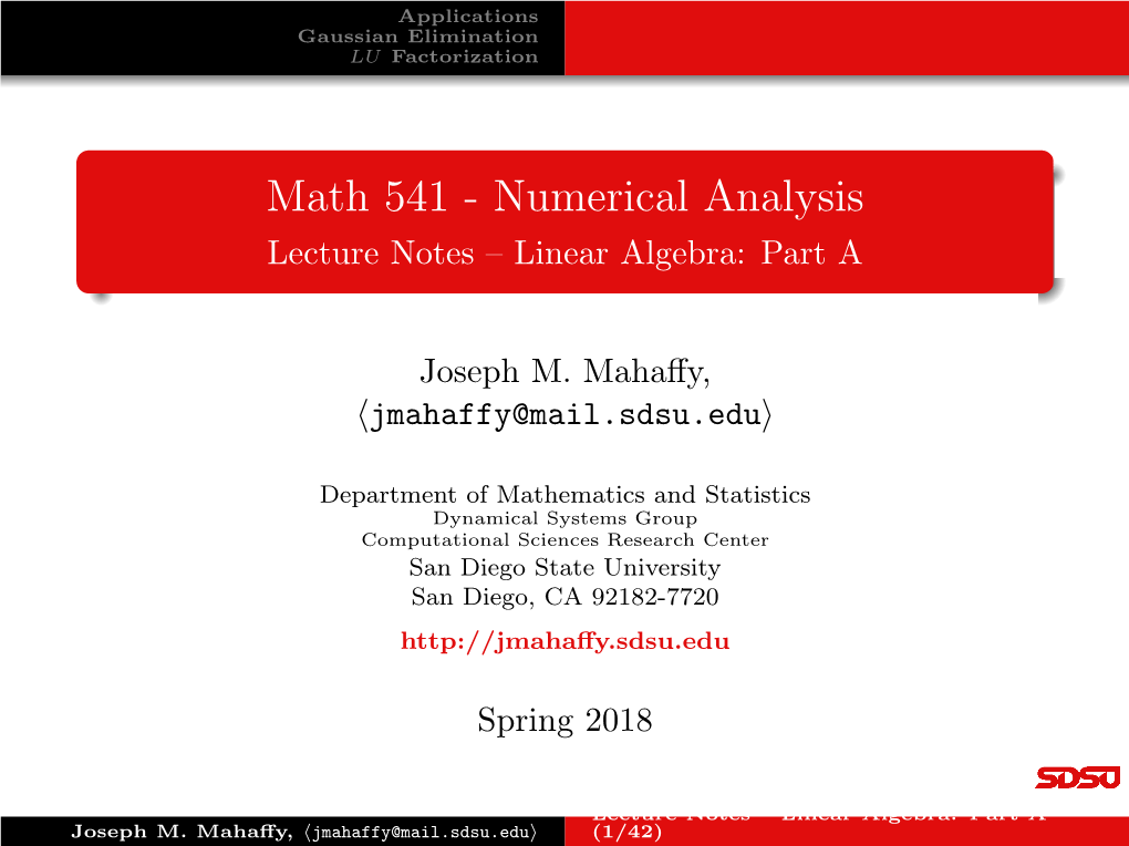 Math 541 - Numerical Analysis Lecture Notes – Linear Algebra: Part A