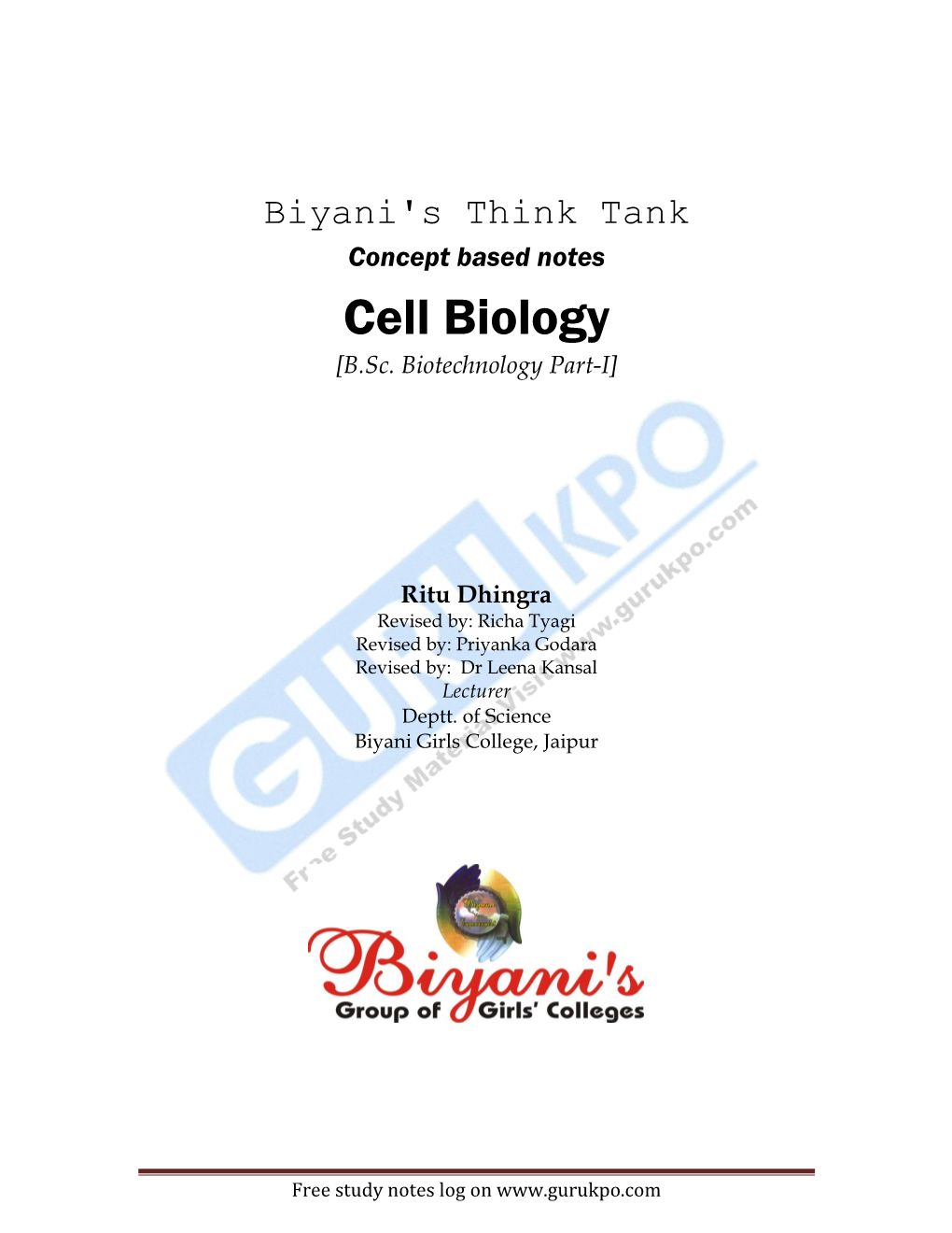 Cell Biology 1 Biyani's Think Tank Concept Based Notes Cell Biology [B.Sc