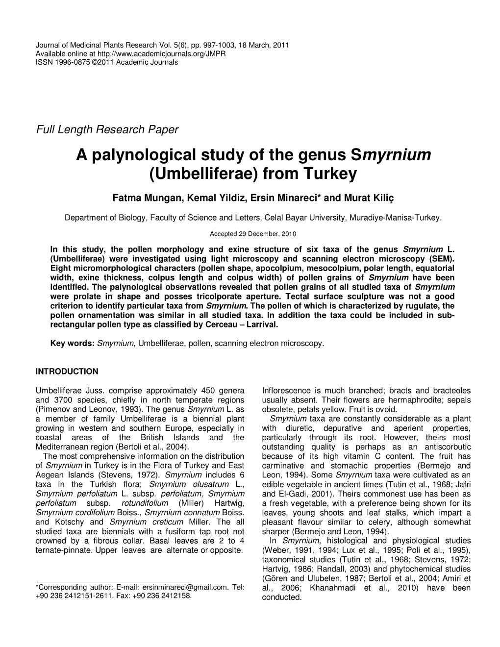 A Palynological Study of the Genus Smyrnium (Umbelliferae) from Turkey