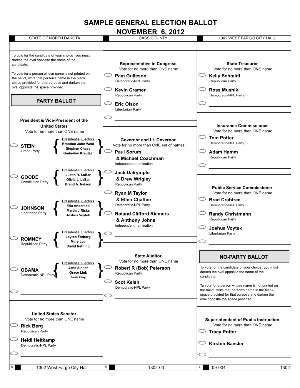 Ballot November 6, 2012 State of North Dakota Cass County 1302 West Fargo City Hall