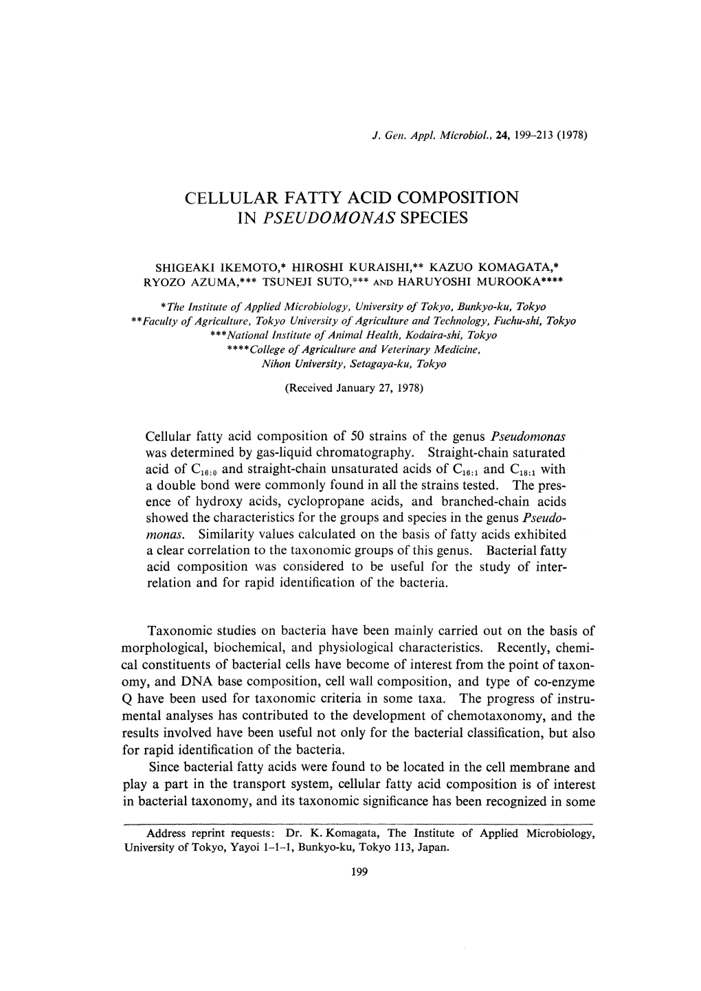 Cellular Fatty Acid Composition in Pseudomonas Species