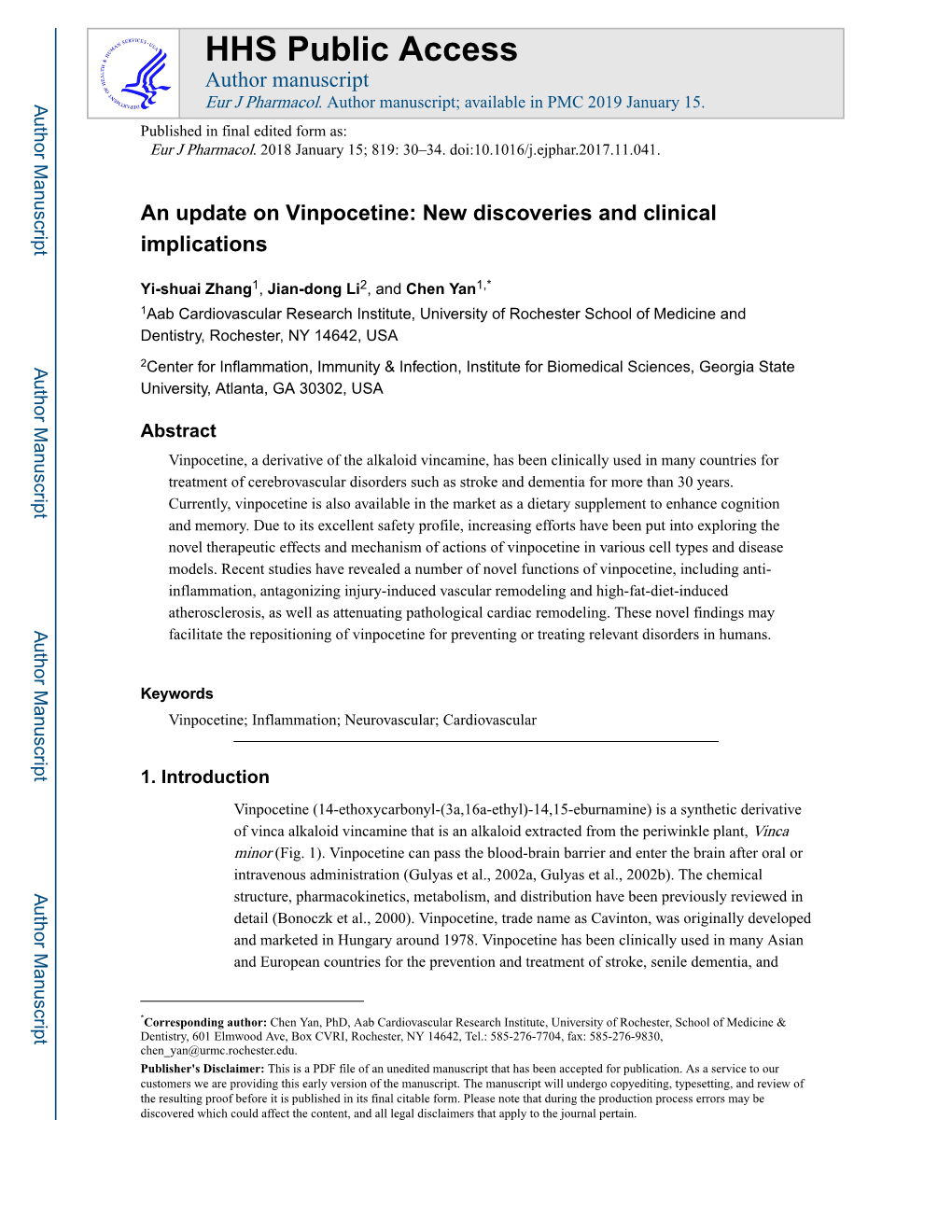 An Update on Vinpocetine: New Discoveries and Clinical Implications