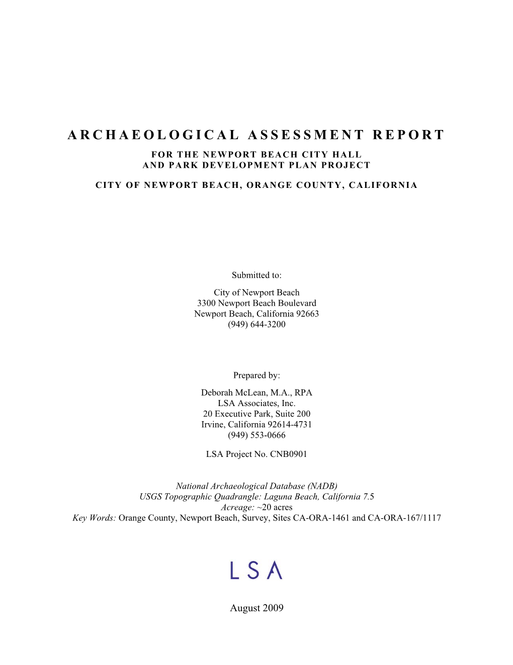 Archaeological Assessment Report for the Newport Beach City Hall and Park Development Plan Project