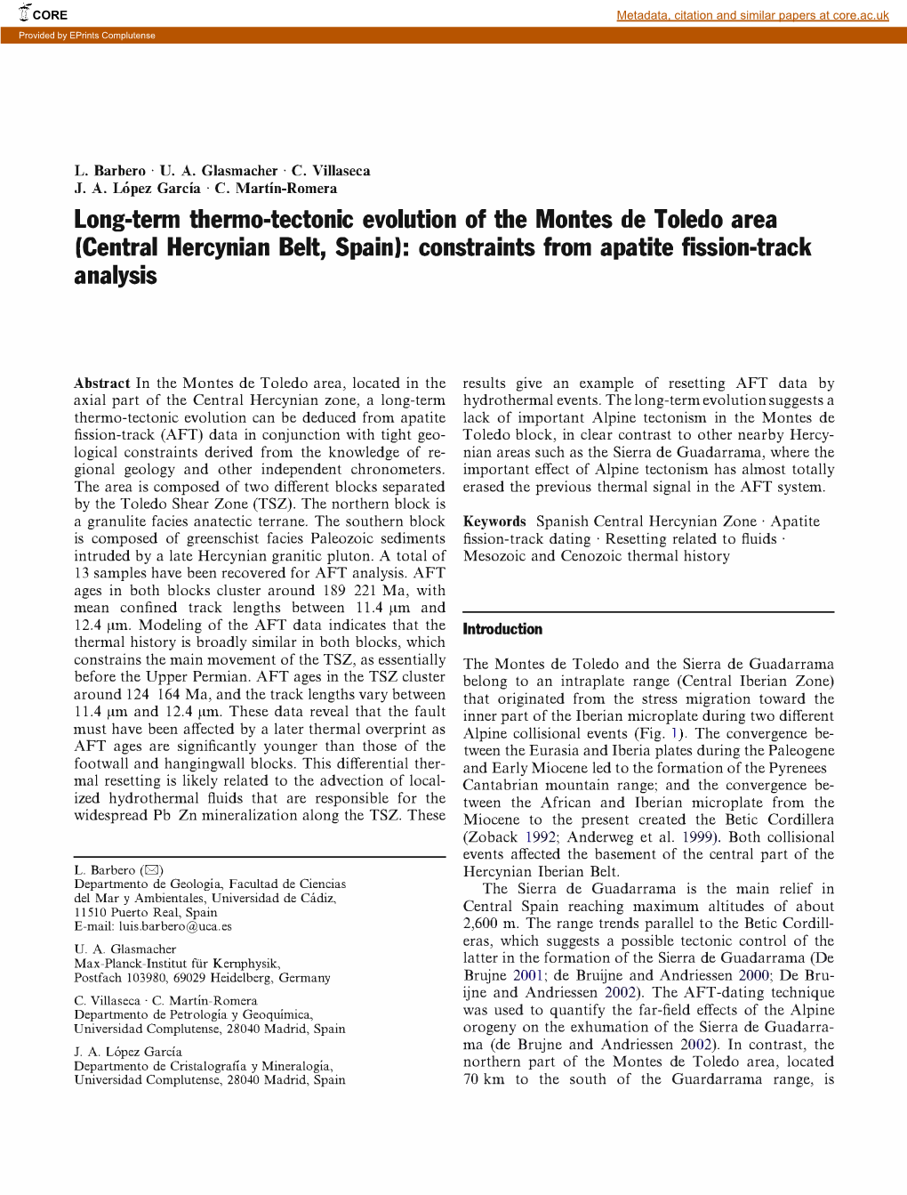 Long-Term Thermo-Tectonic Evolution of the Montes De Toledo Area (Central Hercynian Belt, Spain): Constraints from Apatite Fission-Track Analysis