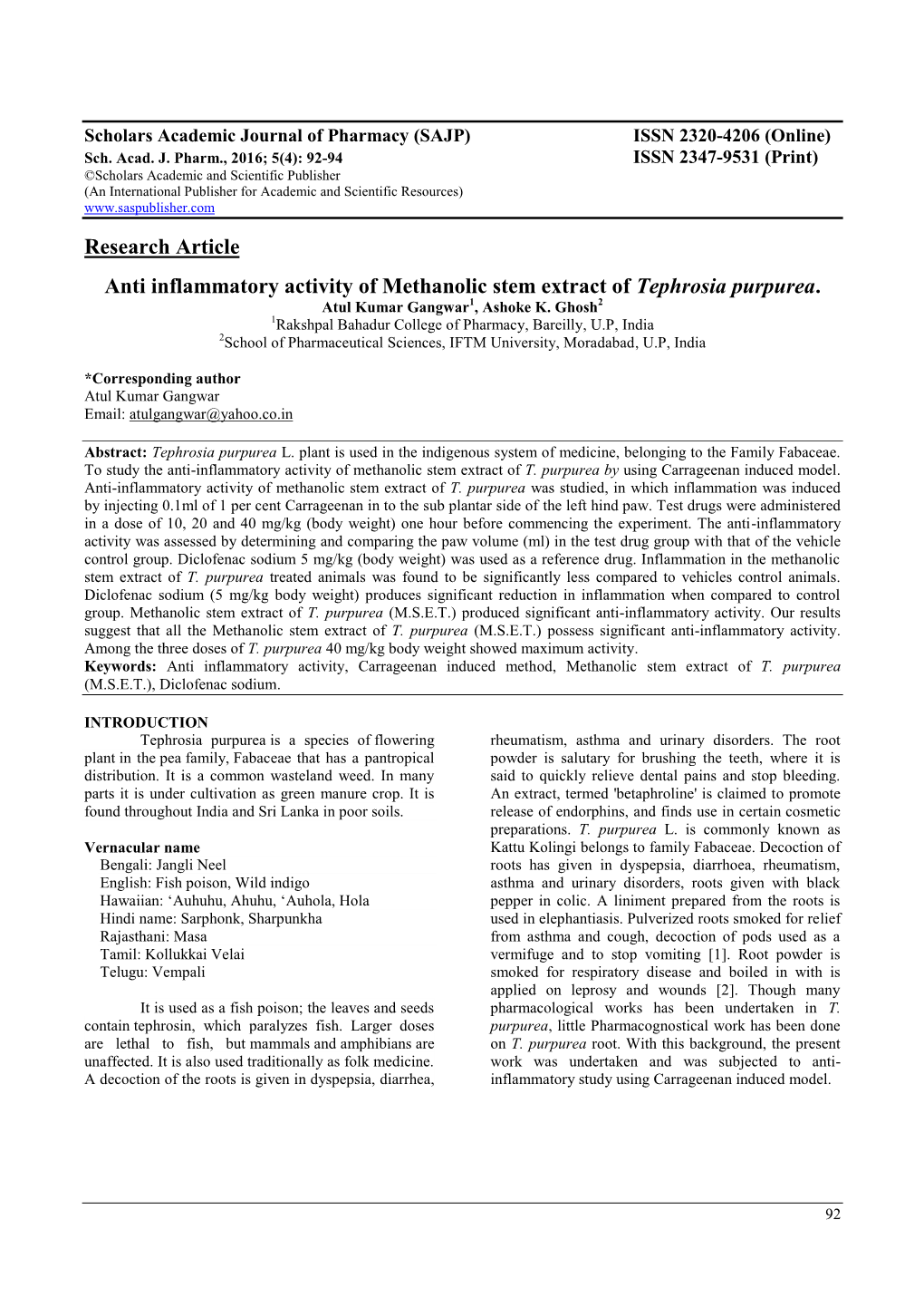 Research Article Anti Inflammatory Activity of Methanolic Stem Extract Of