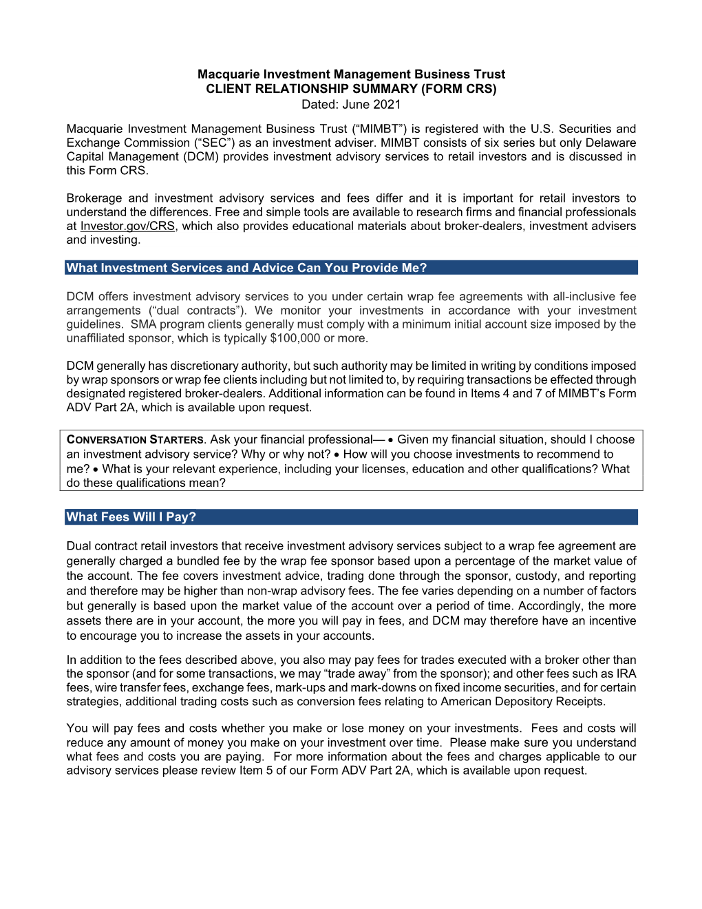 Macquarie Investment Management Business Trust